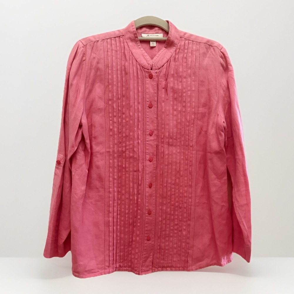 JM Collection 10 Coral 100% Linen Roll Tab Pleats Lagenlook Tunic Minimalist